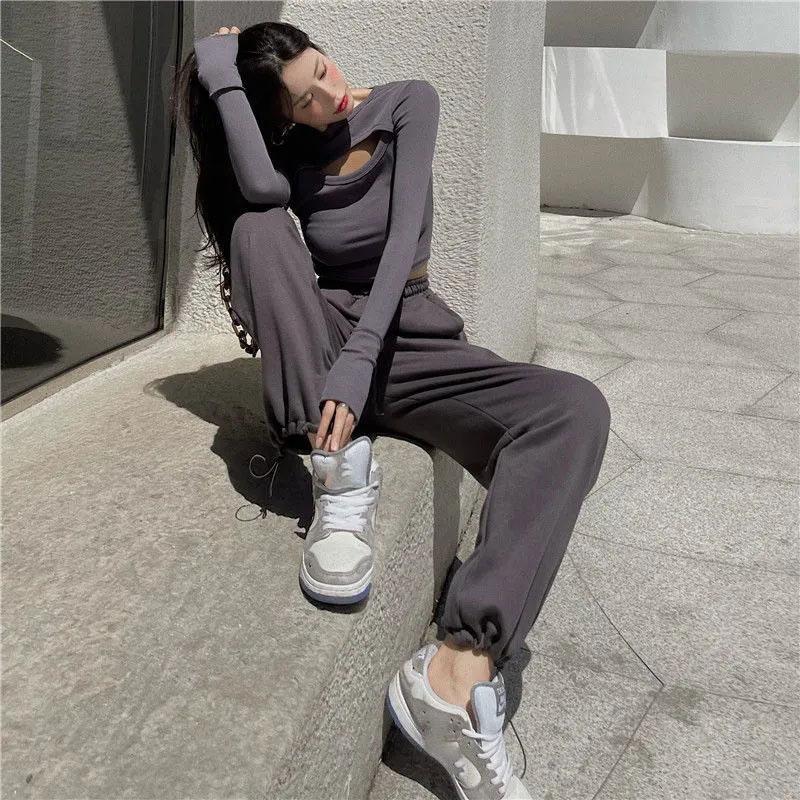 2PCS Ladies Pure Desire Suit Loose High Street Leisure Sports Two-piece Spring and Autumn Long Sleeve Sexy Loose Pants Suit