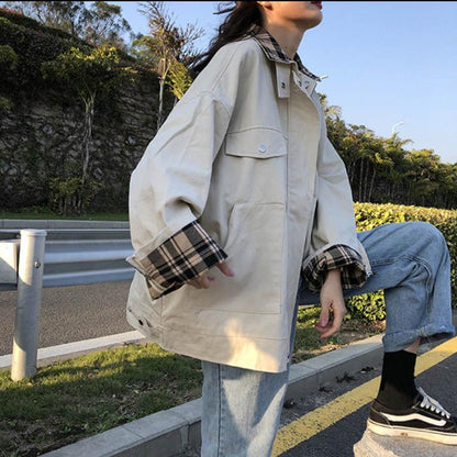 Workwear Jacket Female Students Loose Hong Kong Style Retro Spring and Autumn Short Windbreaker