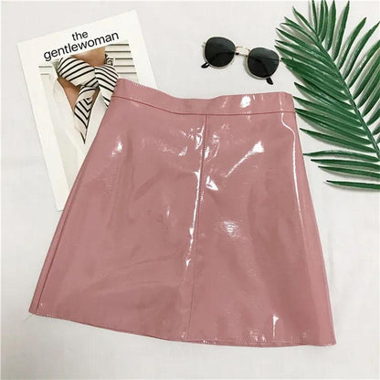High Waist Hips Glossy Bright Leather Skirt Anti-glare A-line Skirt Pu Short Skirt All Match Casual Mini Leather Skirt