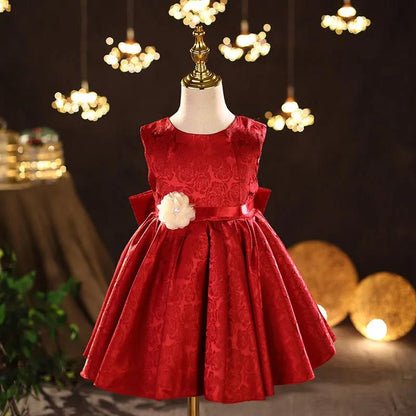Red Children's Evening Dress Wedding Flower Girl Dress Princess Skirt Girl Baby Sweet Temperament Tutu Skirt Round Neck Sleeveless Waist