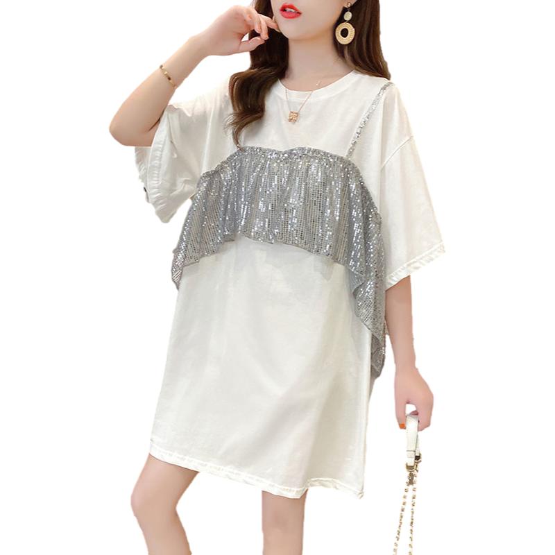 Shiny Sequins Women summer Dress Girl Loose O-Neck short Sleeve Casual Long T-shirt Dress Loose