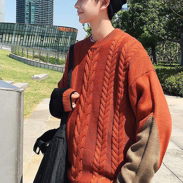 Autumn and Winter Plus Size Men's Knitted Tops Color Matching Long-sleeved Round Neck Sweater Fashion Casual Coat