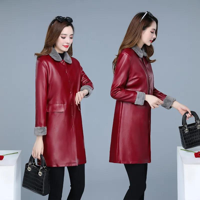 Winter Women's Leather Jacket Fashion Loose Mid-length Leather Jacket Plus Cotton Thick PU Leather Large Size Leather Jacket