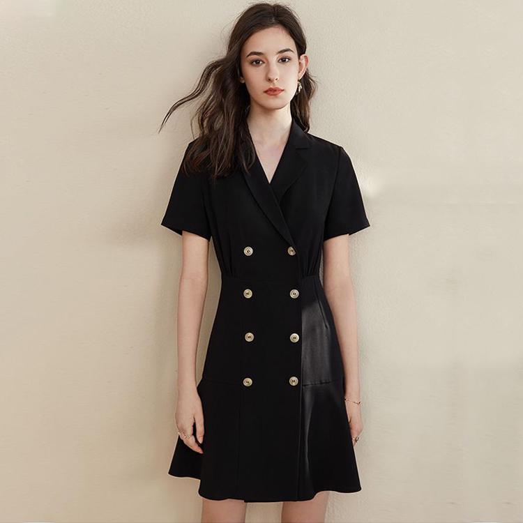 Vintage Suit Collar Short Sleeve A Line Dresses Elegant France Office Ladies Dress Retro Robe Dress