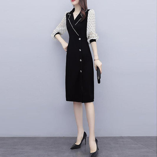 Women's Suit Collar Dress Spring Autumn Fashion In The Long Section Waist Slimming Age Reduction Stitching Dress