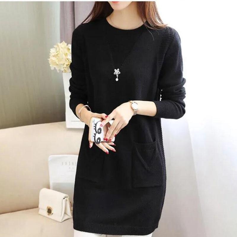 Women's Mid-length Knit Sweater  dress Winter Loose Round Neck Pullover Sweater Thick Knitwear Skirt with Pockets