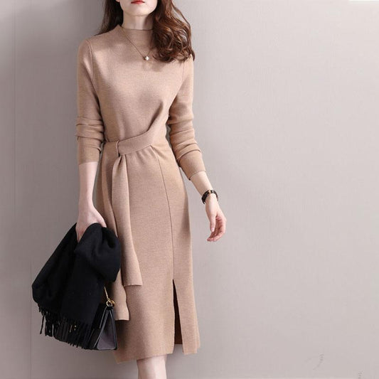 Women's knitted dress winter high neck slim long pullover sweater dress with belt
