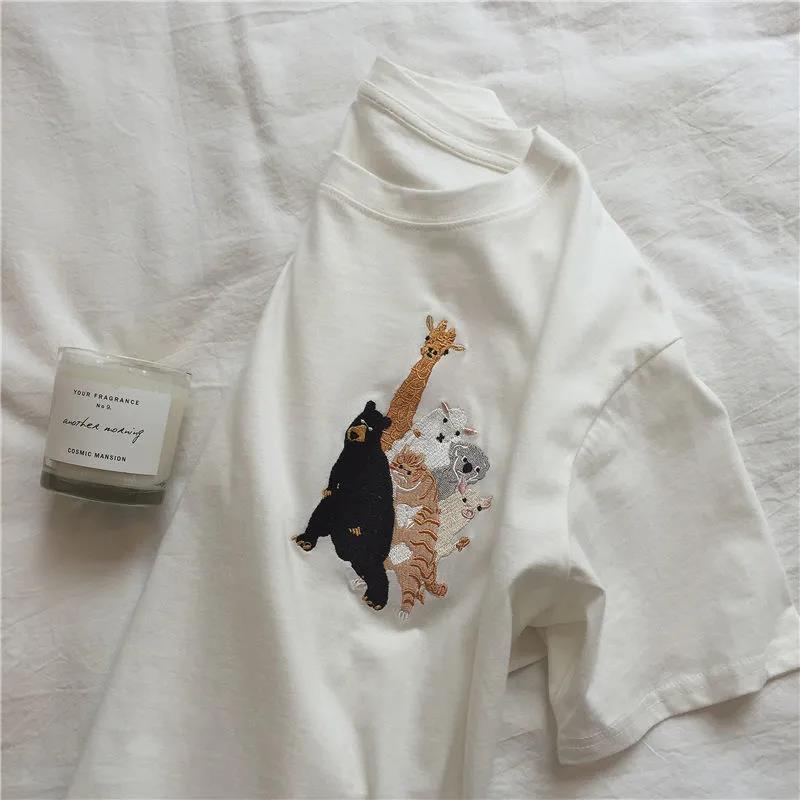 Women Short Sleeve T-shirts Loose Casual Animal Embroidery O-neck Korean Style Fashion All-matchTee