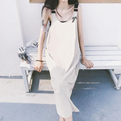 Hip-hop Summer Sexy Girl Suspender Long Skirt Strap Dress Loose Over The Knee L-XXXL Solid Color Sleeveless Straight Dress