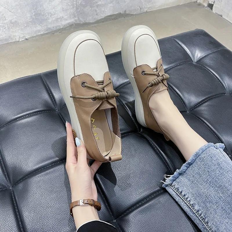 Autumn Color-blocking Flat Shoes Women's Soft Leather Korean Style Retro Casual Sneakers Girls Shallow Mouth Leather Shoes Casual Shoes