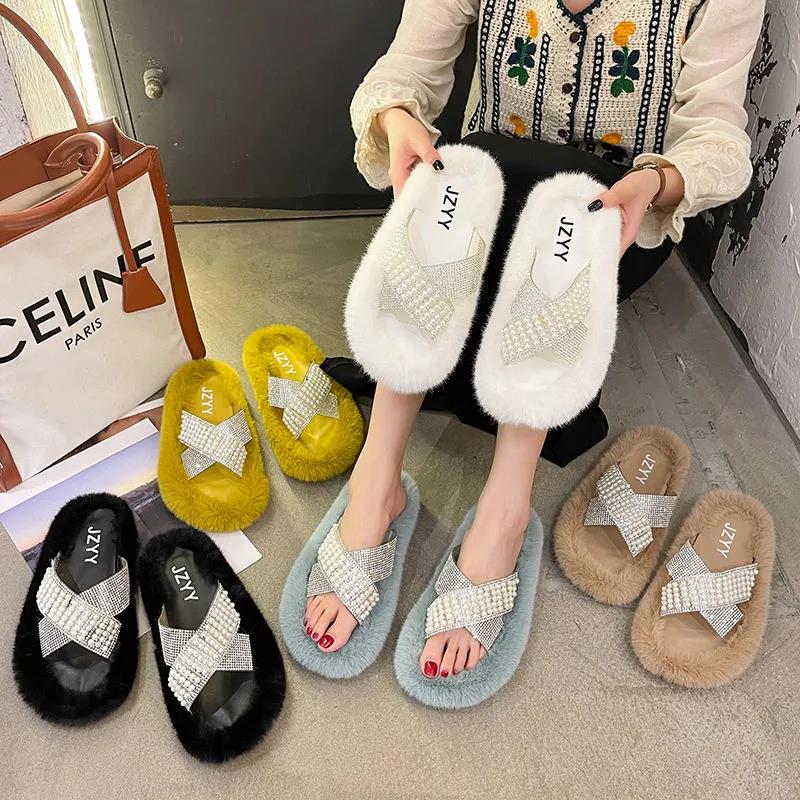 Pearl Plush Slippers Women Wear Thick-soled Non-slip One-word Cotton Mop Home Interior Floor Mop Women's Cute Cotton Slippers