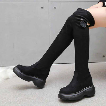 Over-the-knee Boots Women's New Style Plus Velvet Thick-soled High-heeled 5cm Stretch Boots Inner Heightening Long Barrel Knight Boots