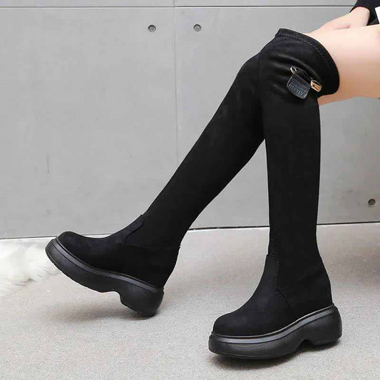 Over-the-knee Boots Women's New Style Plus Velvet Thick-soled High-heeled 5cm Stretch Boots Inner Heightening Long Barrel Knight Boots