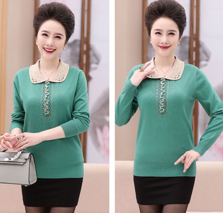 Women's Woolen Sweater Solid Color Sticky Diamond Long-sleeved Sweater Lapel Loose Plus Size Top M-5XL