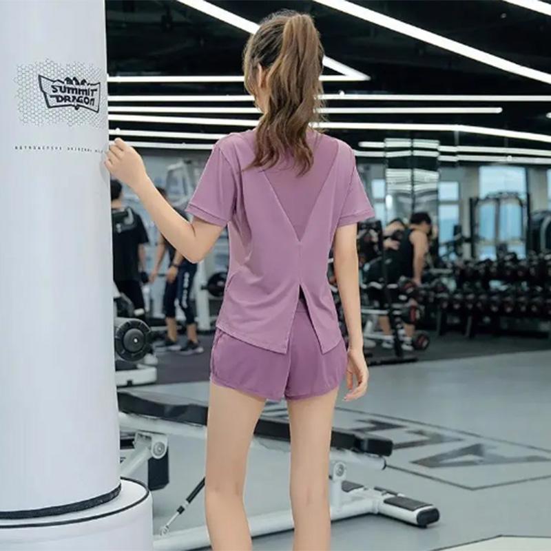Yoga Clothing Solid Color Suit Quick-drying Short-sleeved Running Training Yoga Fitness Clothes Top Sports Suit Women