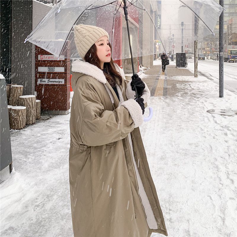 Lamb Wool Coat Women's Loose Mid-length Plus Velvet Parker Cotton Workwear Jacket Ladies Straight Warm Cotton Coat