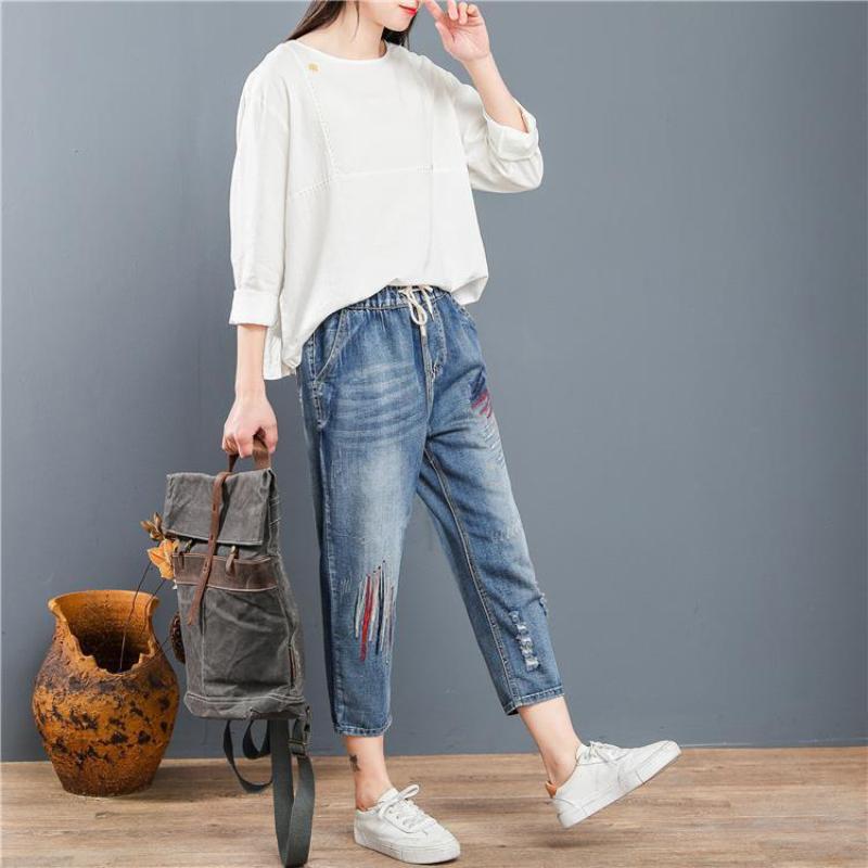 Women's Summer Loose Plus Size Jeans Cartoon Embroidered Harem Pants with Elastic Waist All-match Casual Pants