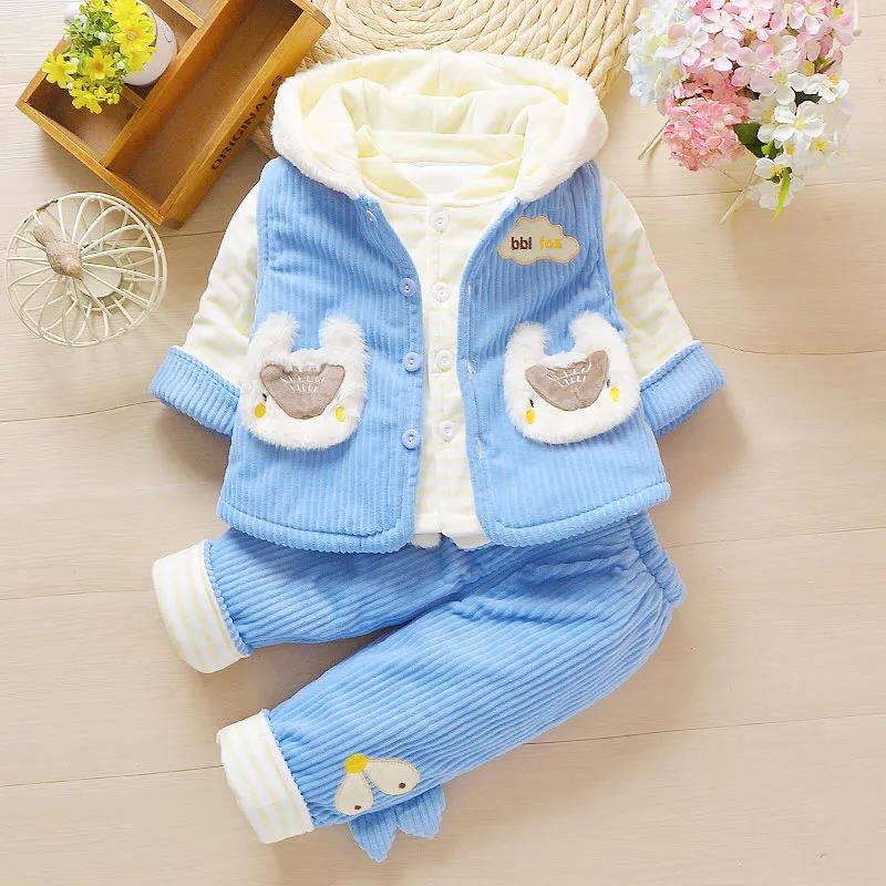 Newborn Autumn and Winter Children's Clothes Autumn Western Style Solid Color Hooded Baby Cotton Coat Winter Thin Cotton Three-piece Suit