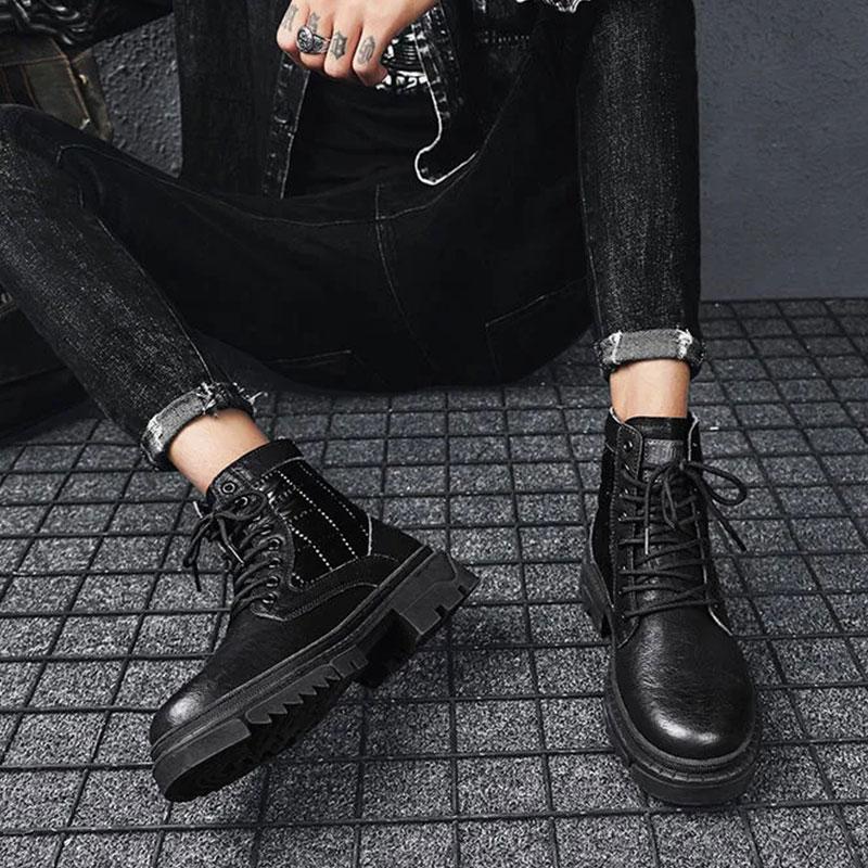 Men's Non-slip Autumn and Winter Martin Boots Net Red Ins Tooling Boots Korean Version of The British Style Black Boots Microfiber Leather Shoes