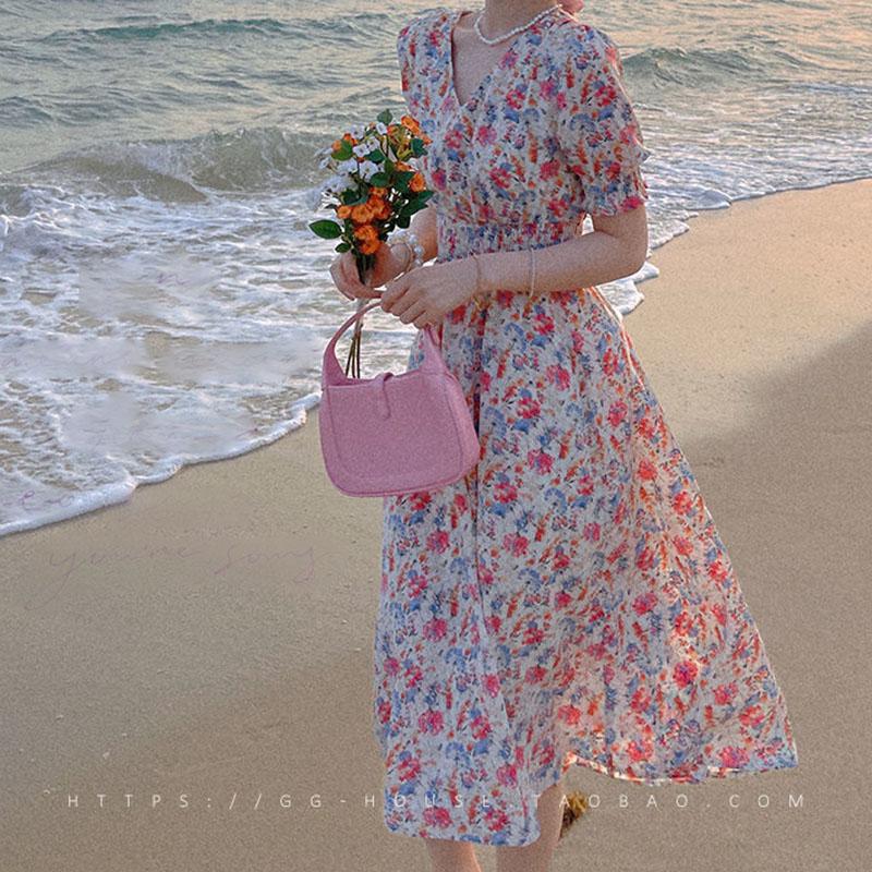 Sweet Tea Girl Chiffon Floral Sling Dress Summer Vacation Style Long Gentle Style Dress