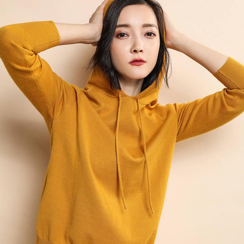Autumn and Winter New Knit Sweater Women's Head Loose Bottom Solid Color Long-sleeved Hoodie