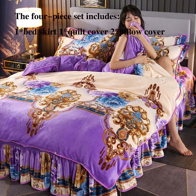 Warm Flannel Four-piece Thick Gold Mink Fleece Bed Skirt Quilt Cover Pillowcase Set Winter Double Bed Supplies