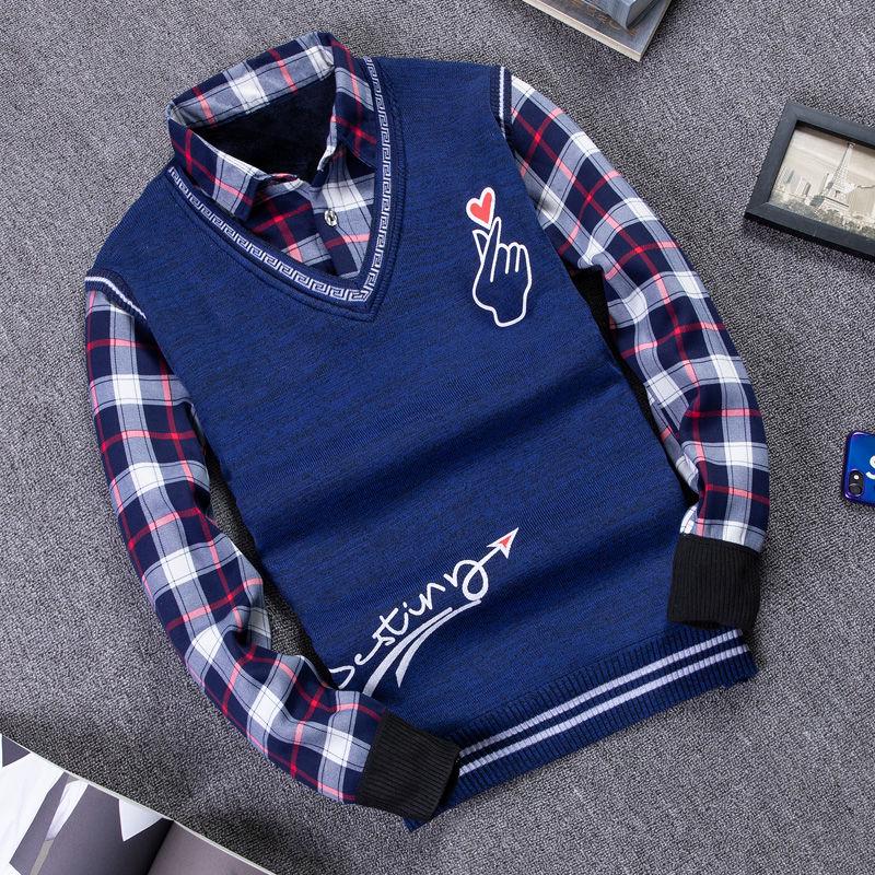 Autumn and Winter Men's Sweater Shirt Fake Two-piece Plus Velvet Thick Knit Sweater Slim Pullover for Teenagers