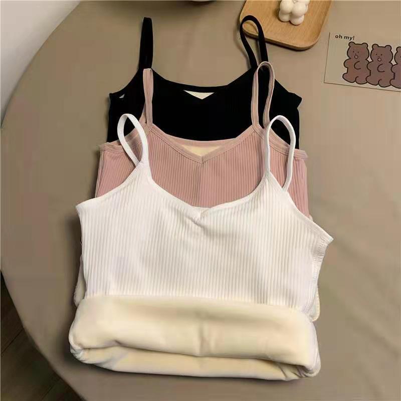 Winter Camisole Crop Top Women Plus Velvet Bralette Spaghetti Strap Corset Tank Top Winter Warm Thermal Vest Innerwear Bralets Yk2 Cami Black