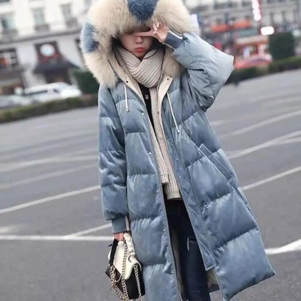 Long Gold Velvet Big Fur Collar Down Cotton Jacket Korean Winter Clothes New Fashion Loose