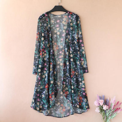 Women's Sun-Dress 1pcs Chiffon Cardigan Flowers Sun Protection Clothing Mid-length Plus Size Loose Outer Thin Coat Beach Air-conditioned Rooms