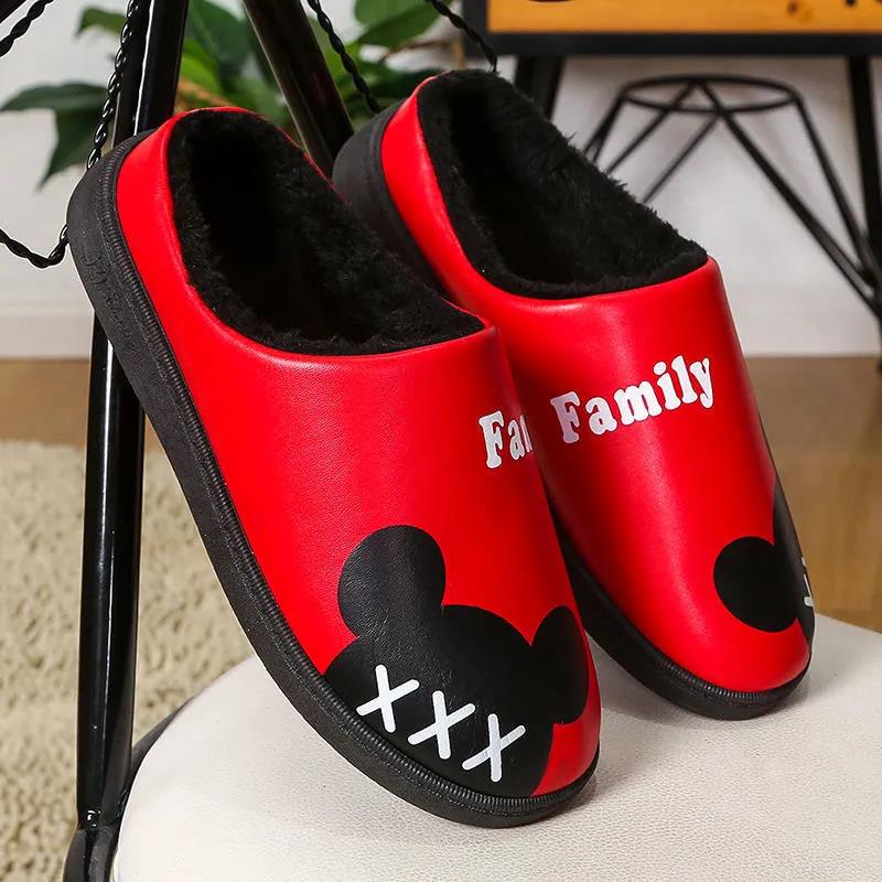 Winter Ladies Leather Warm Slippers Plus Velvet Thickening Plus Cotton Non-slip Wear-resistant Waterproof Cotton Slippers