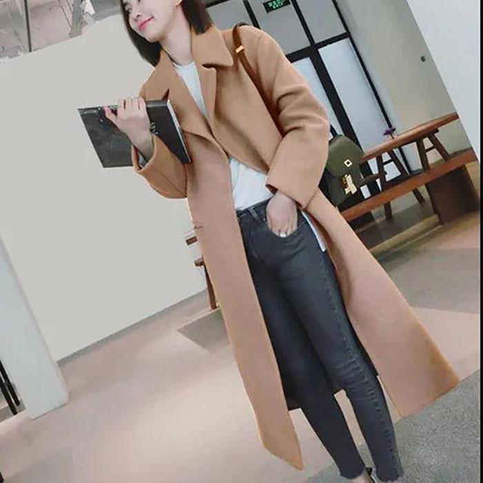 Slim Wool Coat V-neck Solid Color Windbreaker Boutique Casual Jacket Trend Temperament Parka Long