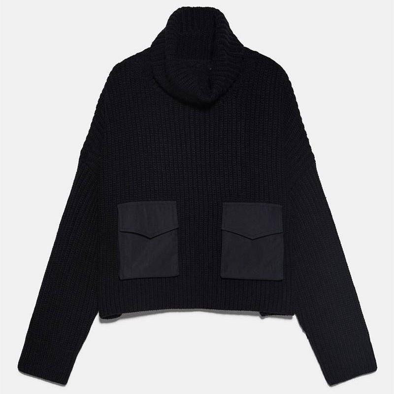 Lazy Wind Loose Head High Collar Women Knit Sweater Pure Black Double Pockets Lady Sweaters Casual