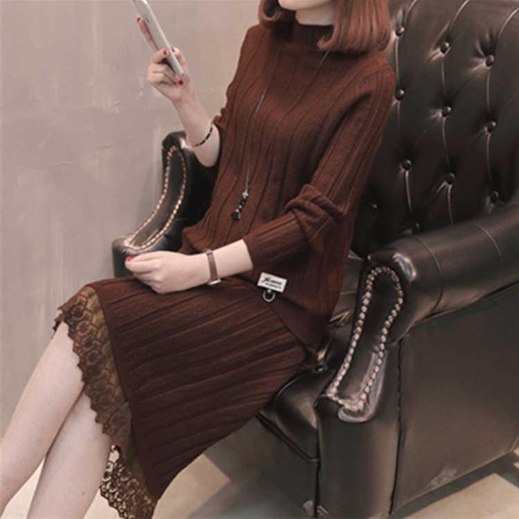 Winter Thick Two-piece Suit Women's Knitted Dress Autumn Lace Over The Knee Long Sweatshirt Suit Skirt