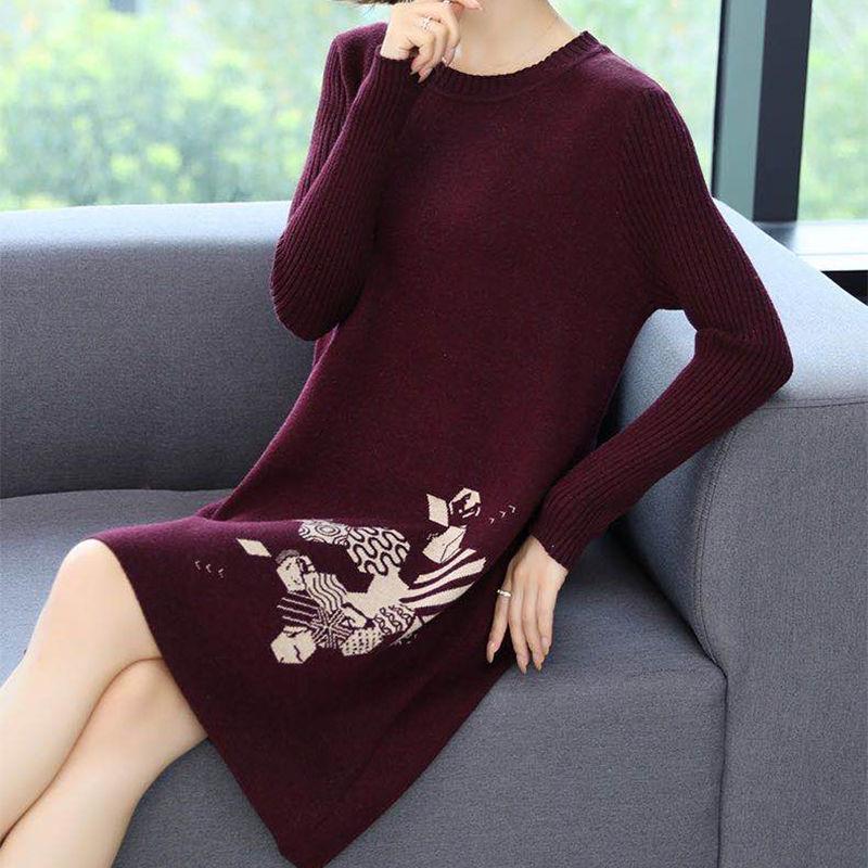 Autumn and Winter Loose Mid-length Dress Large Size Casual Printing Base Skirt Temperament Middle-aged Women Sweater Dress