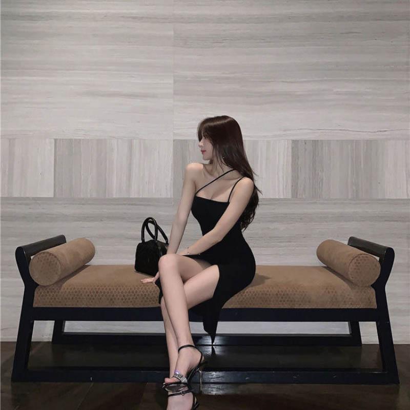Spring Summer Sling Dress Female High Split Black Strapless Slim Slimming Sling Dress Sexy Party Dress