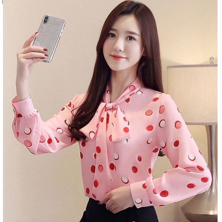 Korean Women's Long-sleeved Chiffon Shirt Lace-up Bow Women Blouse Lady Long Shirt Plus Size Casual Women Chiffon Blouse Puff Sleeve Blouse