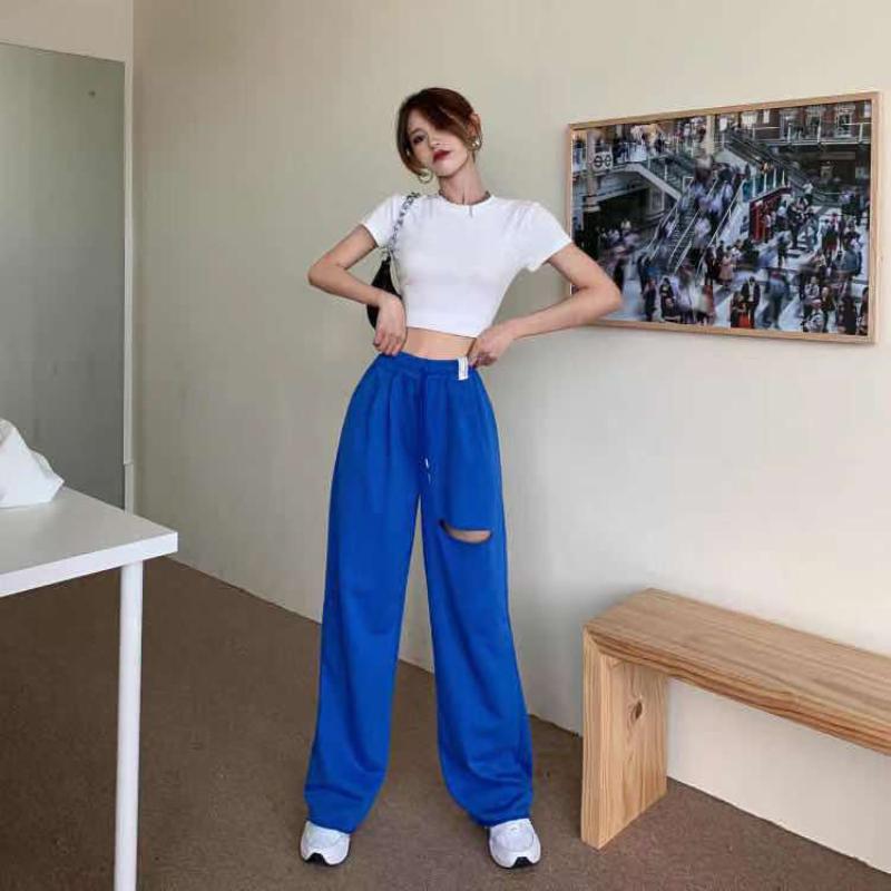 Summer Thin Straight Hole Casual Sports Pants Female Student Korean Version Loose and Thin Drape Mopping Trousers