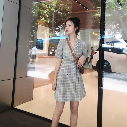 Elegant Plaid Dress Short Sleeve A-line Casual Streetwear Female Short Dress Button Summer Dress