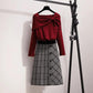 Women's Fall/winter Suit Women's Age-reducing Knit Sweater Sweater and Plaid DressTwo-piece Suit
