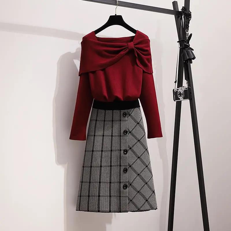 Women's Fall/winter Suit Women's Age-reducing Knit Sweater Sweater and Plaid DressTwo-piece Suit