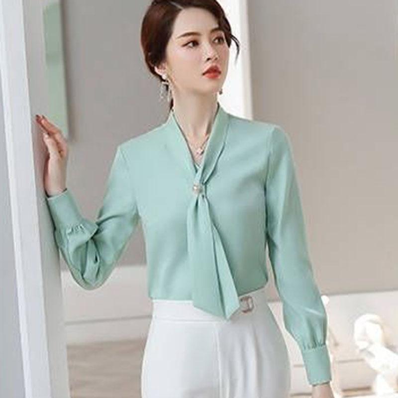 Women's Spring Autumn Long Sleeve Shirt Chiffon V-Neck Solid Color Top