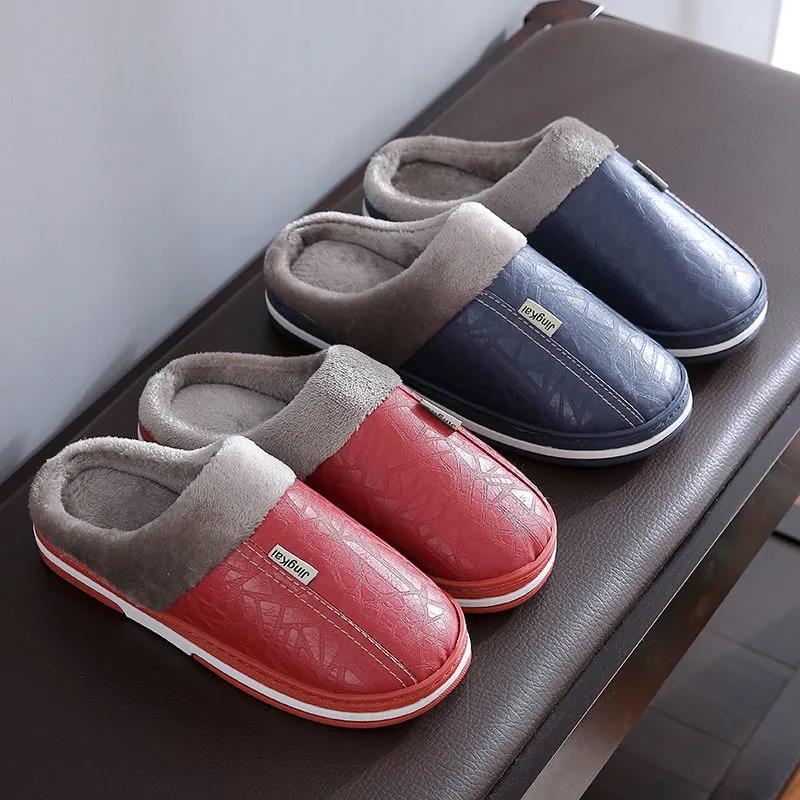 Women Unisex Winter Home Slippers Leather Waterproof Non Slip Slippers Plush Warm Indoor Flat Non-slip Slippers