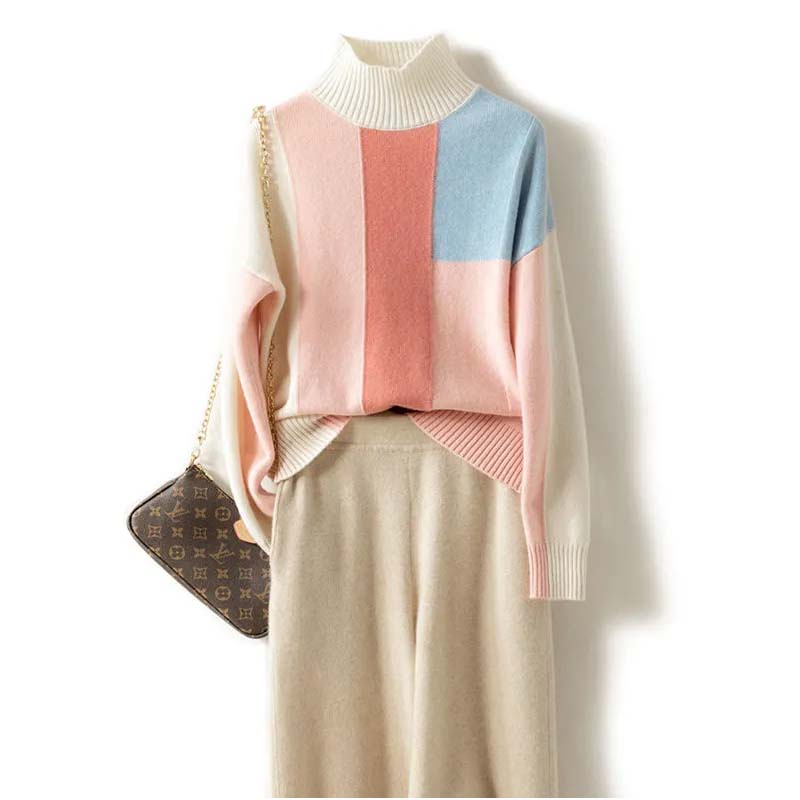 2021 Autumn and Winter New Half-high Neck Color Matching Knitted Sweater Women Loose Casual Pullover