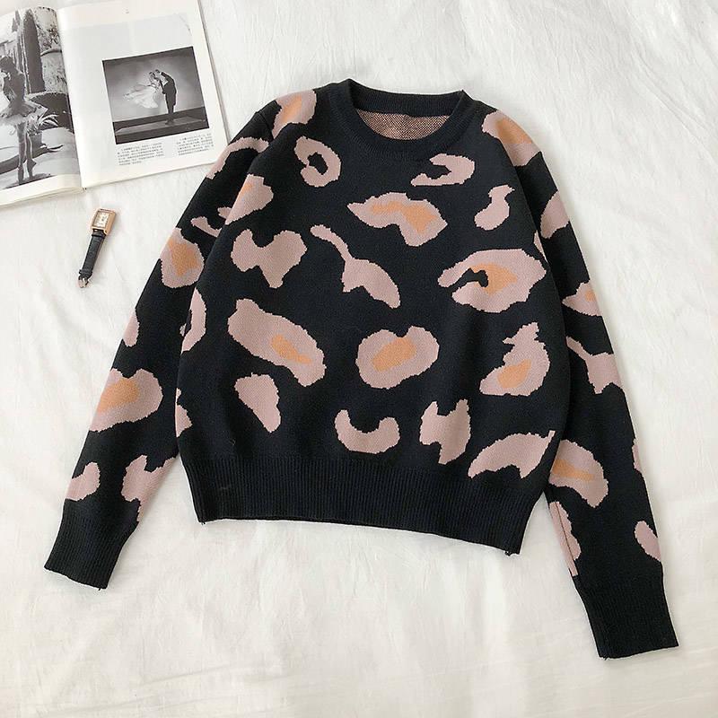 3 Colors Leopard O-neck Pullover Long Sleeve Short Twist Sweater Women Open Waist Knitwear
