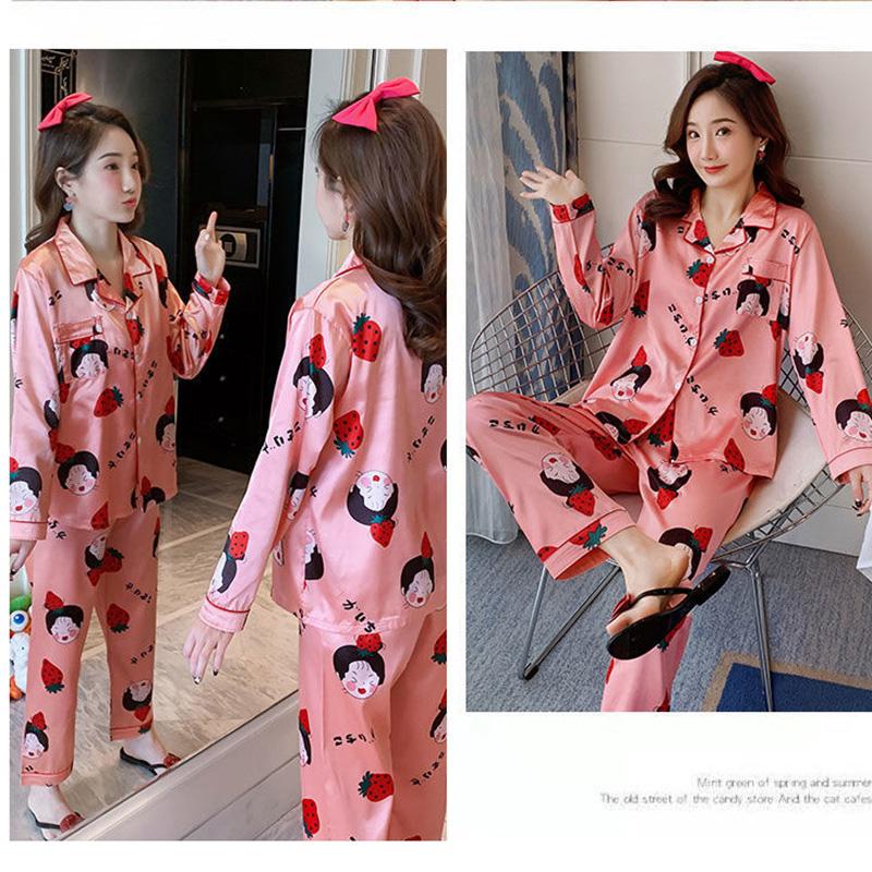 Pajamas Women Spring and Autumn Ice Silk Long-sleeved Autumn and Winter Sexy Ladies Thin Artificial Silk Pajamas Home Service Suit Casual Home Service