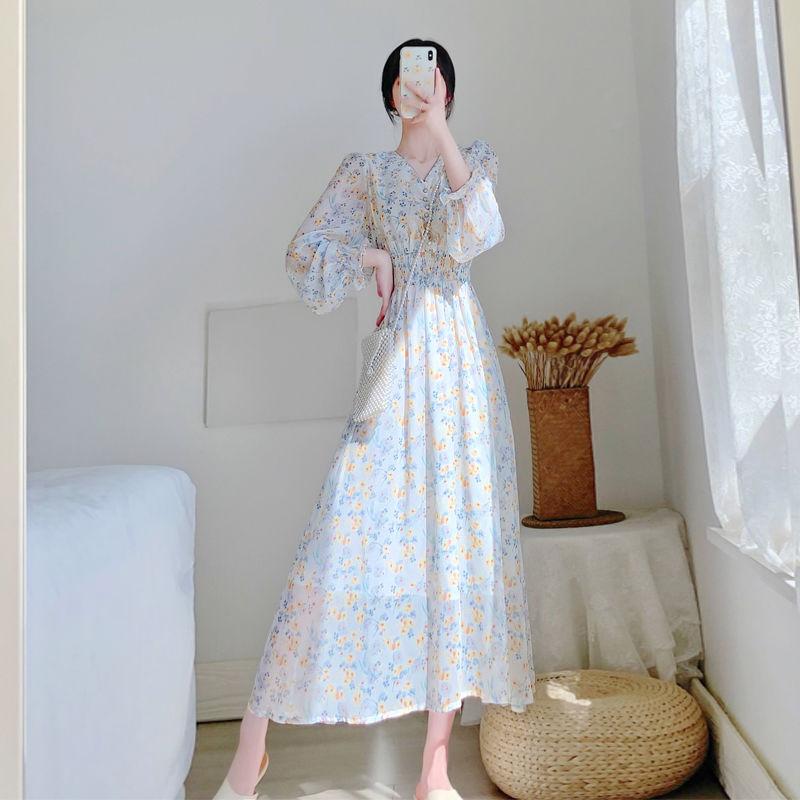 Sweet and Lovely Gentle Style Long Sleeve Long Skirt V-neck Chiffon Floral Dress Elegant Temperament Chiffon Fabric Light and Breathable