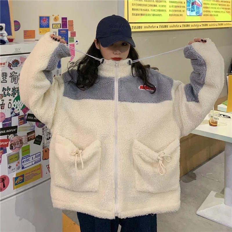 Lamb Wool Stand-up Collar Jacket Female BF Color Matching Loose Cardigan Zipper Plus Velvet Thick Warm Jacket Ladies Casual Warm Jacket