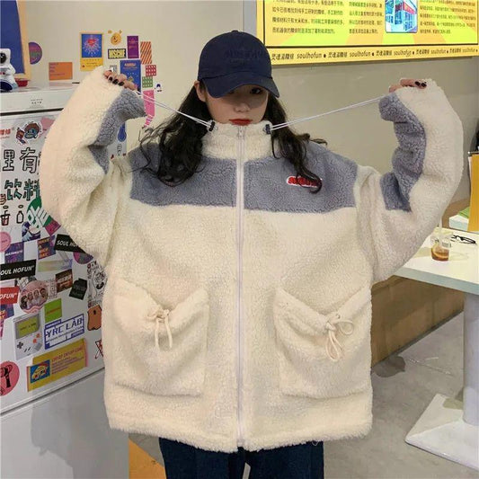 Lamb Wool Stand-up Collar Jacket Female BF Color Matching Loose Cardigan Zipper Plus Velvet Thick Warm Jacket Ladies Casual Warm Jacket