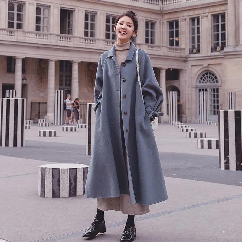 Hepburn Style Woolen Coat Women's Mid-length Korean Style Loose Woolen Coat Plus Cotton Thick Autumn and Winter Woolen Coat